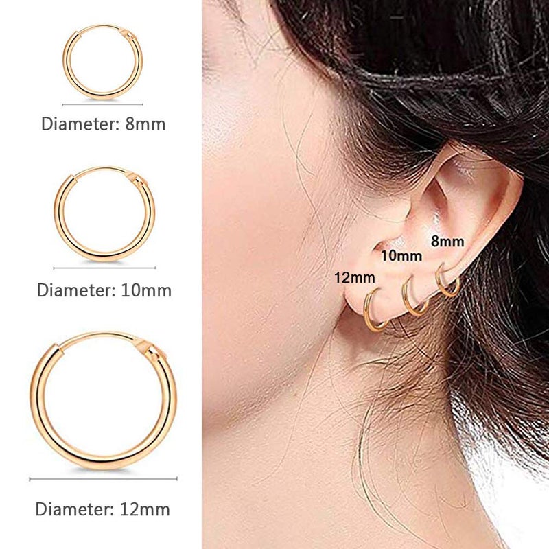 EPIRORA Sterling Silver Hoop Earrings for Women Men, Hypoallergenic Cartilage Earring Endless Small Hoop Earrings Set, 3 Pairs Tragus Earrings (Gold,8mmx3) - Image 3